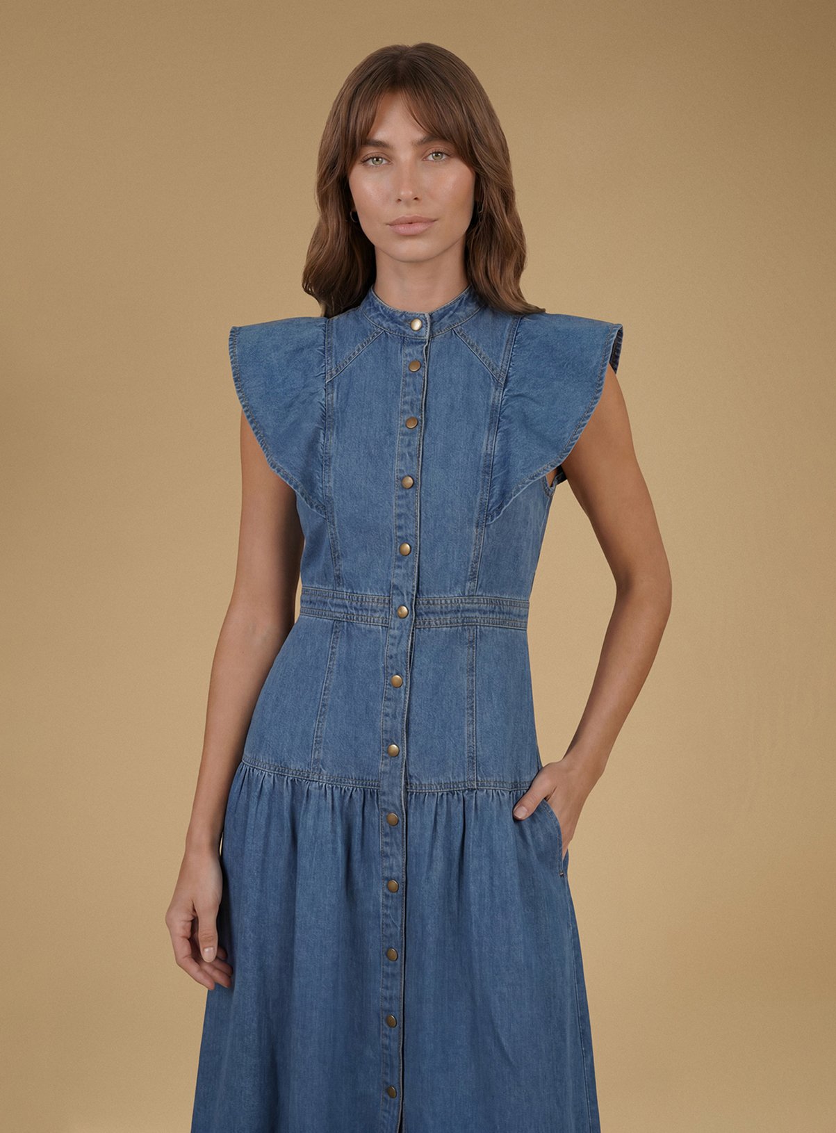 OASIS Ruffle Denim Midi Dress Mid Denim 10 - Image 4 thumbnail